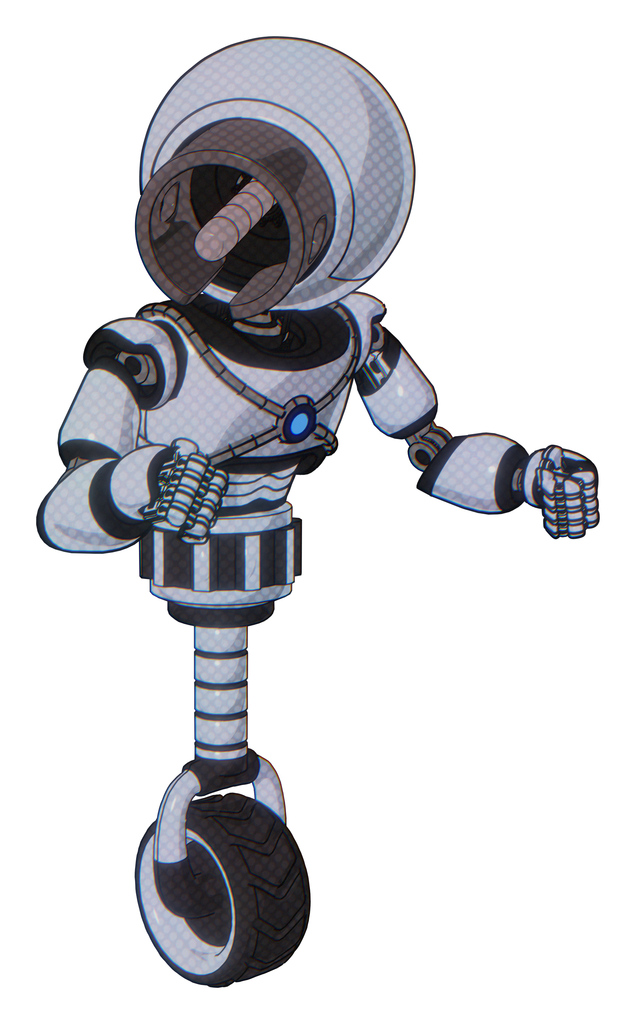 Droid containing cable connector head and light chest exoshielding and blue energy core and unicycle wheel. Blue tint toon. Fight or defense pose..