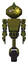 Droid containing oval wide head and sunshine patch eye and techno mohawk and light chest exoshielding and prototype exoplate chest and unicycle wheel. Army green halftone. Front view.