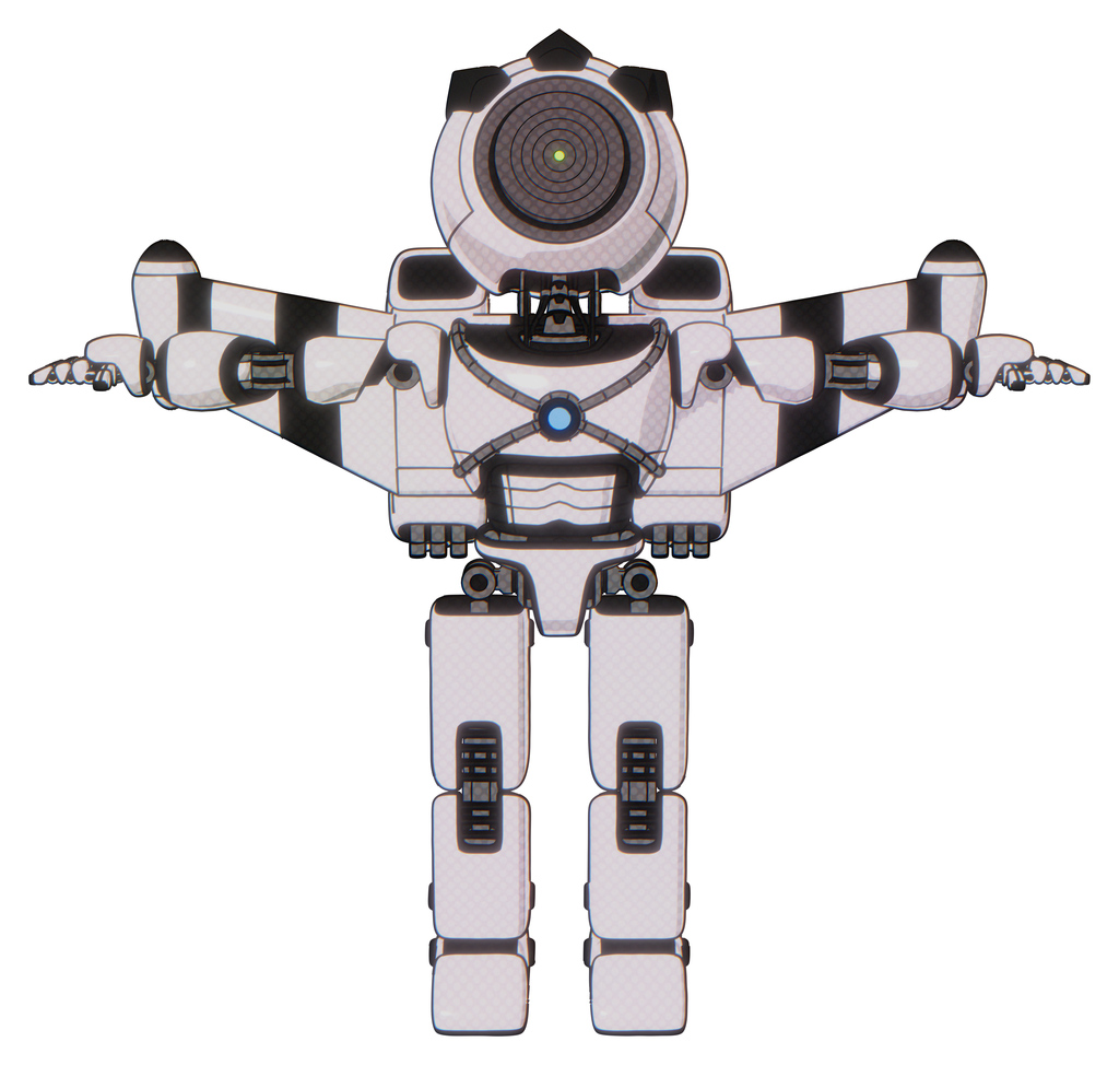 Android containing green dot eye corn row plastic hair and light chest exoshielding and blue energy core and stellar jet wing rocket pack and prototype exoplate legs. White halftone toon. T-pose.