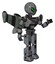 Droid containing grey alien style head and green demon eyes and light chest exoshielding and rubber chain sash and stellar jet wing rocket pack and prototype exoplate legs. Patent concrete gray metal.