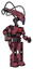 Droid containing flat elongated skull head and cables and light chest exoshielding and red chest button and rocket pack and prototype exoplate legs. Muavewood halftone. Facing left view.