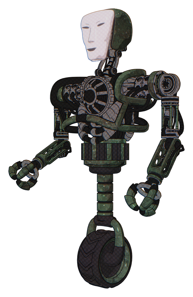 Droid containing humanoid face mask and heavy upper chest and no chest plating and unicycle wheel. Old corroded copper. Facing right view.