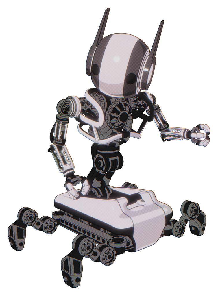 Mech containing round head and maru eyes and head winglets and heavy upper chest and no chest plating and insect walker legs. White halftone toon. Fight or defense pose..