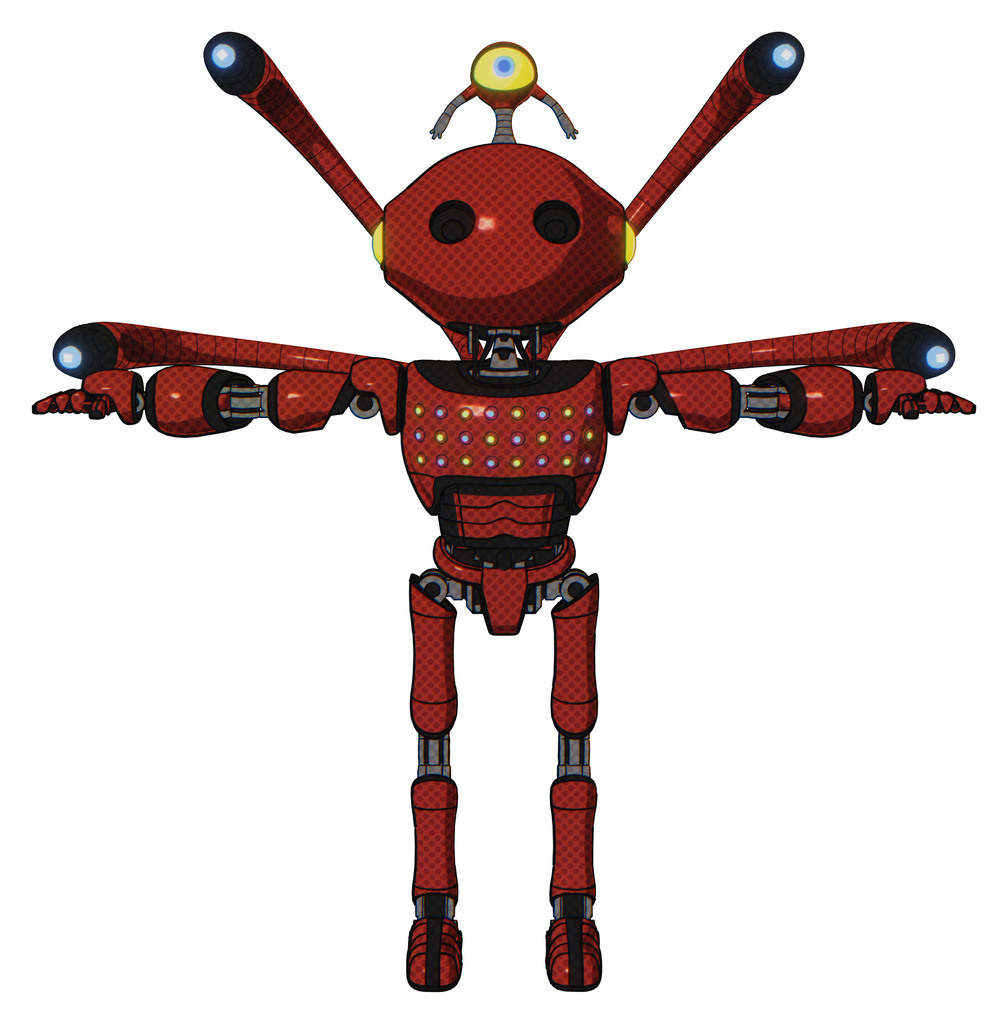 Bot containing oval wide head and minibot ornament and light chest exoshielding and chest green blue lights array and blue-eye cam cable tentacles and ultralight foot exosuit. Cherry tomato red.