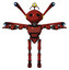 Bot containing oval wide head and minibot ornament and light chest exoshielding and chest green blue lights array and blue-eye cam cable tentacles and ultralight foot exosuit. Cherry tomato red.