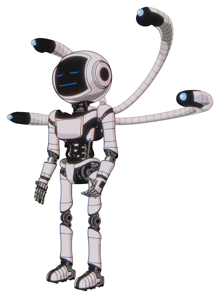 Droid containing digital display head and sleeping face and light chest exoshielding and ultralight chest exosuit and blue-eye cam cable tentacles and ultralight foot exosuit. White halftone toon.