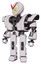 Mech containing grey alien style head and yellow eyes with blue pupils and heavy upper chest and heavy mech chest and prototype exoplate legs. White halftone toon. Standing looking right restful pose.