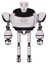 Bot containing humanoid face mask and red clown marks and heavy upper chest and ultralight foot exosuit. White halftone toon. Front view.