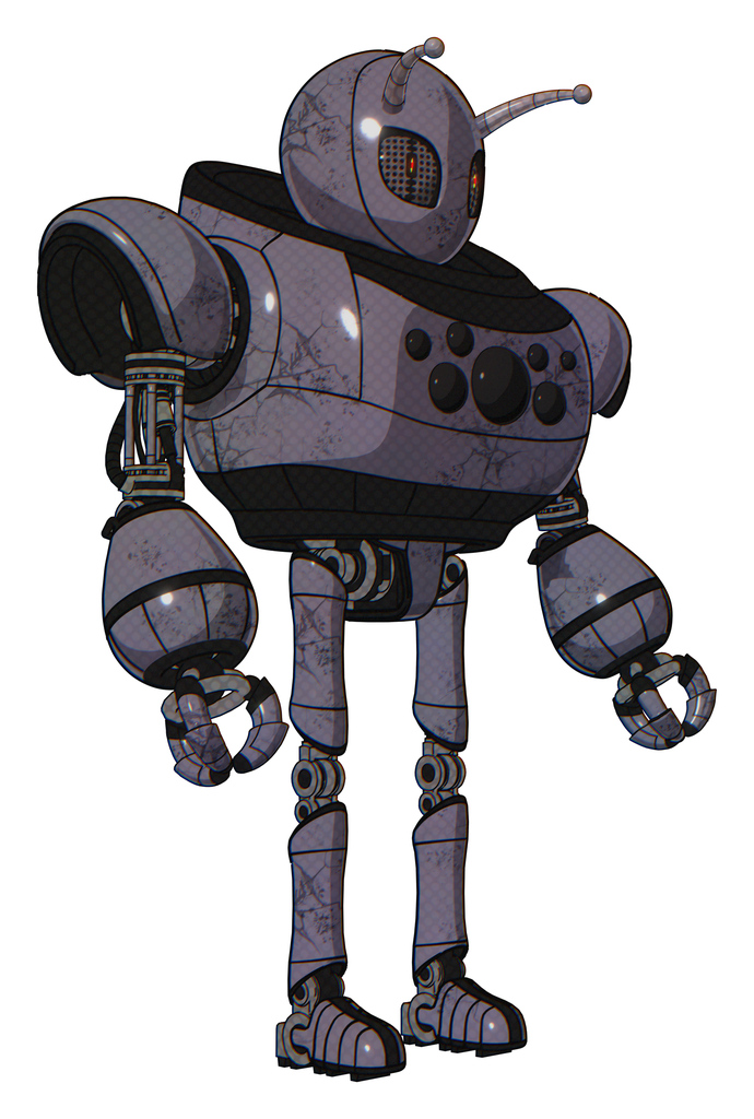 Droid containing grey alien style head and metal grate eyes and bug antennas and heavy upper chest and chest compound eyes and ultralight foot exosuit. Light lavender metal. Facing left view.