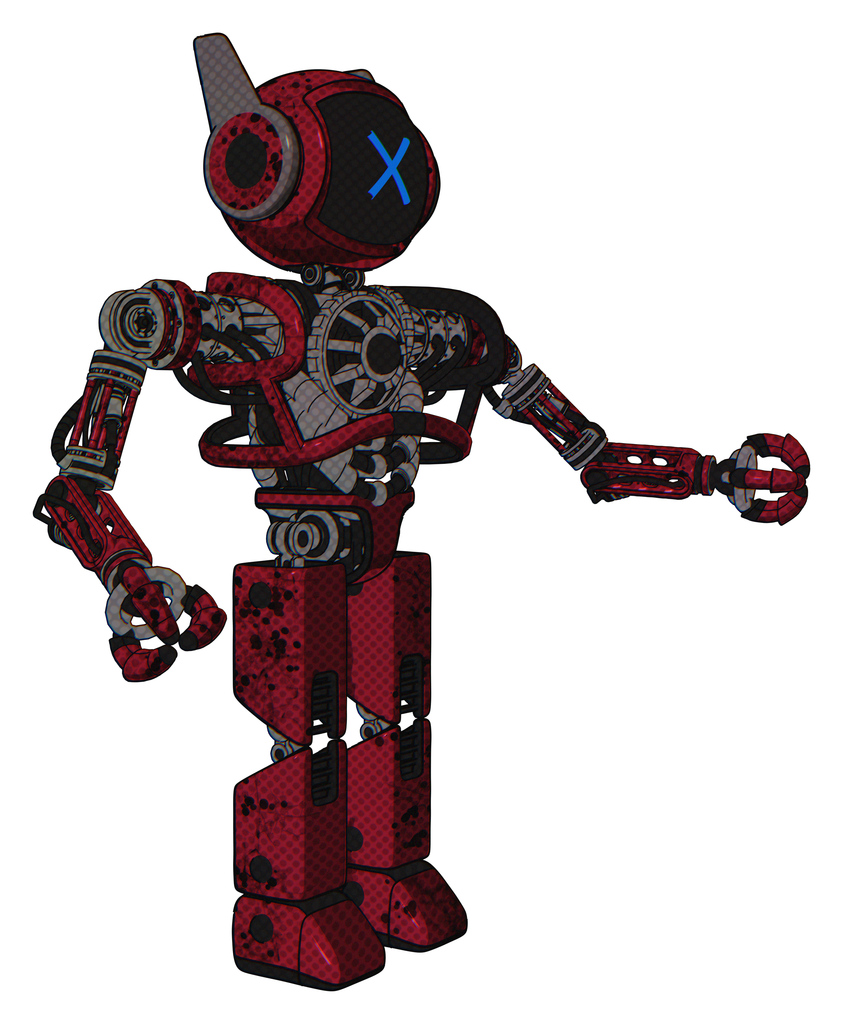 Robot containing digital display head and x face and winglets and heavy upper chest and no chest plating and prototype exoplate legs. Grunge dots royal red. Interacting.