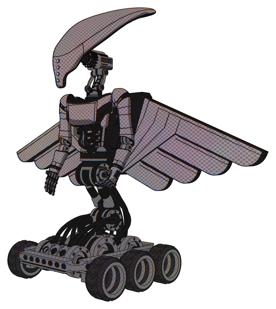 Droid containing flat elongated skull head and light chest exoshielding and ultralight chest exosuit and pilot's wings assembly and six-wheeler base. Halftone gray. Facing right view.