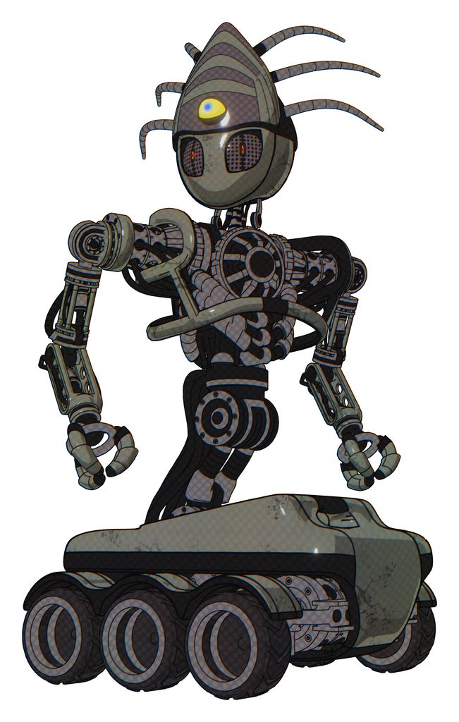 Mech containing grey alien style head and metal grate eyes and eyeball creature crown and heavy upper chest and no chest plating and six-wheeler base. Concrete grey metal. Hero pose.