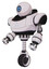 Cyborg containing dual retro camera head and power symbol head and heavy upper chest and triangle of blue leds and unicycle wheel. White halftone toon. Facing right view.