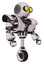 Automaton containing round head and large yellow eyes and heavy upper chest and heavy mech chest and unicycle wheel. White halftone toon. Facing left view.