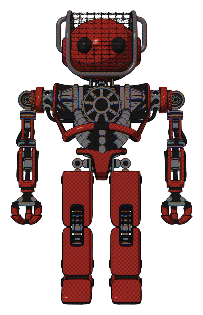 Bot containing oval wide head and beady black eyes and barbed wire visor helmet and heavy upper chest and no chest plating and prototype exoplate legs. Cherry tomato red. Front view.
