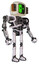 Automaton containing old computer monitor and abstract mask pixel face and old retro speakers and heavy upper chest and no chest plating and ultralight foot exosuit. White halftone toon.