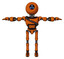 Automaton containing dual retro camera head and three-dash cyclops round head and light chest exoshielding and rubber chain sash and ultralight foot exosuit. Secondary orange halftone. T-pose.