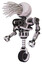 Bot containing round fiber optic connectors head and heavy upper chest and no chest plating and unicycle wheel. White halftone toon. Facing right view.