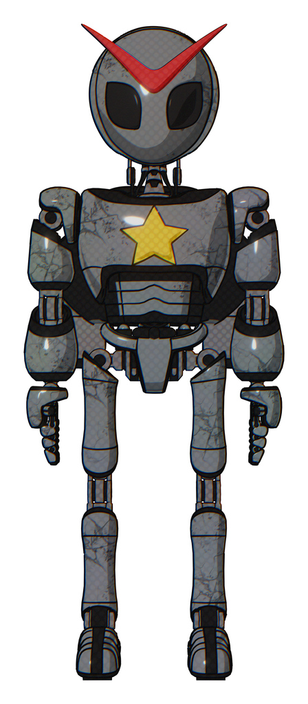Droid containing grey alien style head and black eyes and light chest exoshielding and yellow star and rocket pack and ultralight foot exosuit. Patent concrete gray metal. Front view.