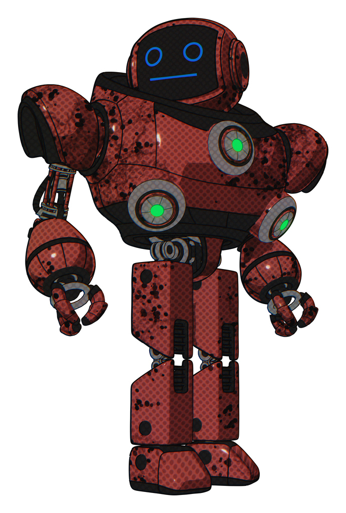 Mech containing digital display head and blank-faced expression and heavy upper chest and chest green energy cores and prototype exoplate legs. Grunge matted orange. Hero pose.