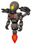 Mech containing grey alien style head and yellow eyes and light chest exoshielding and red chest button and minigun back assembly and jet propulsion. Patent khaki metal.