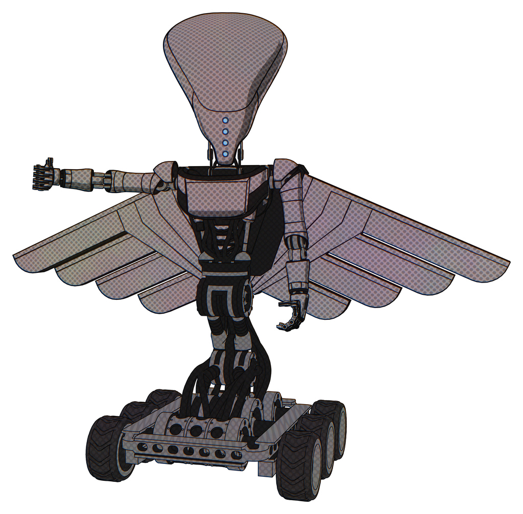 Droid containing flat elongated skull head and light chest exoshielding and ultralight chest exosuit and pilot's wings assembly and six-wheeler base. Halftone gray. Arm out holding invisible object..