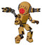 Mech containing round head and red laser crystal array and light chest exoshielding and prototype exoplate chest and minigun back assembly and prototype exoplate legs. Construction yellow halftone.