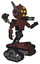 Droid containing round head and yellow eyes array and head winglets and light chest exoshielding and prototype exoplate chest and minigun back assembly and tank tracks. Steampunk copper. Interacting.