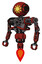 Droid containing oval wide head and sunshine patch eye and heavy upper chest and no chest plating and jet propulsion. Cherry tomato red. Standing looking right restful pose.
