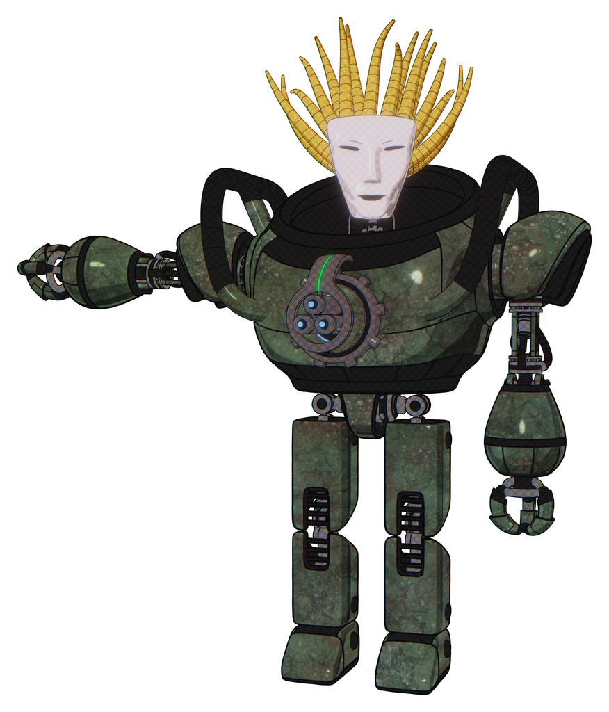 Bot containing humanoid face mask and heavy upper chest and chest energy gun and prototype exoplate legs. Old corroded copper. Arm out holding invisible object..