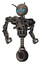 Droid containing grey alien style head and blue grate eyes and bug antennas and heavy upper chest and no chest plating and unicycle wheel. Patent khaki metal. Hero pose.