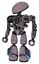 Droid containing dome head and heavy upper chest and no chest plating and light leg exoshielding and megneto-hovers foot mod. Dark sketch. Standing looking right restful pose.