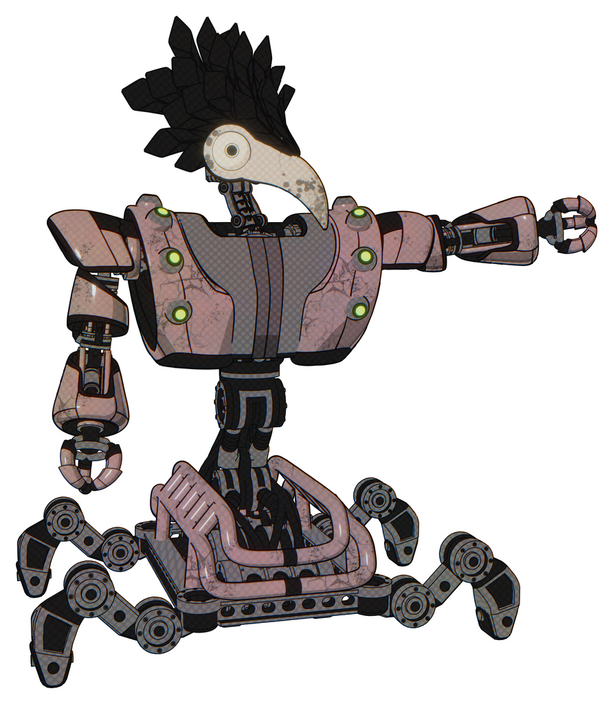 Bot containing bird skull head and bone skull eye holes and crow feather design and heavy upper chest and heavy mech chest and green cable sockets array and insect walker legs. Powder pink metal.