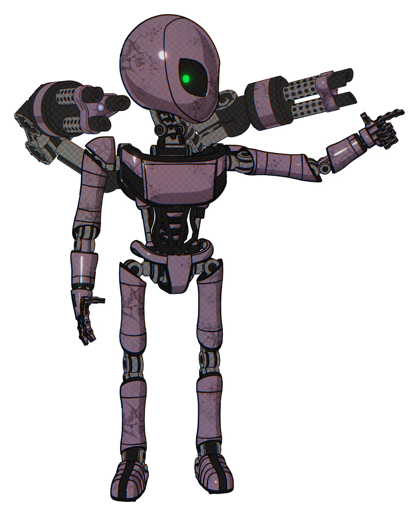 Bot containing grey alien style head and green inset eyes and light chest exoshielding and ultralight chest exosuit and minigun back assembly and ultralight foot exosuit. Lilac metal.