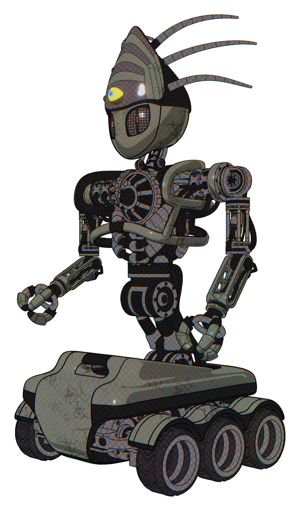 Mech containing grey alien style head and metal grate eyes and eyeball creature crown and heavy upper chest and no chest plating and six-wheeler base. Concrete grey metal. Facing right view.