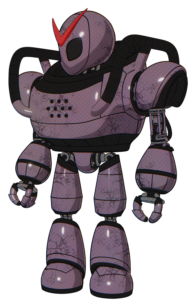 Mech containing grey alien style head and black eyes and heavy upper chest and light leg exoshielding. Lilac metal. Standing looking right restful pose.