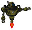 Bot containing digital display head and angry face and winglets and heavy upper chest and triangle of blue leds and jet propulsion. Grunge army green. Pointing left or pushing a button..