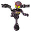 Automaton containing grey alien style head and yellow eyes and light chest exoshielding and yellow chest lights and minigun back assembly and unicycle wheel. Lilac metal. Fight or defense pose..