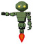 Bot containing oval wide head and yellow eyes and light chest exoshielding and prototype exoplate chest and jet propulsion. Grass green. Arm out holding invisible object..