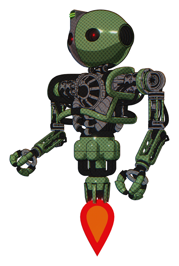 Cyborg containing oval wide head and small red led eyes and green led ornament and heavy upper chest and no chest plating and jet propulsion. Grass green. Facing right view.