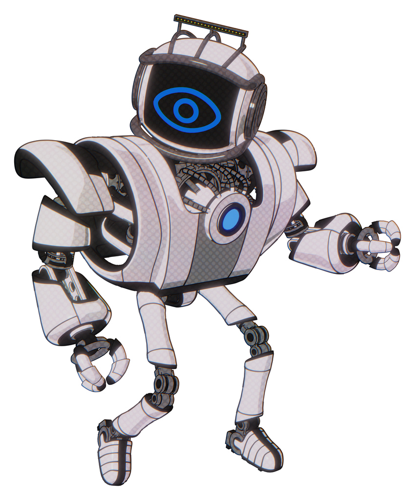 Robot containing digital display head and large eye and led and protection bars and heavy upper chest and heavy mech chest and blue energy fission element chest and ultralight foot exosuit.