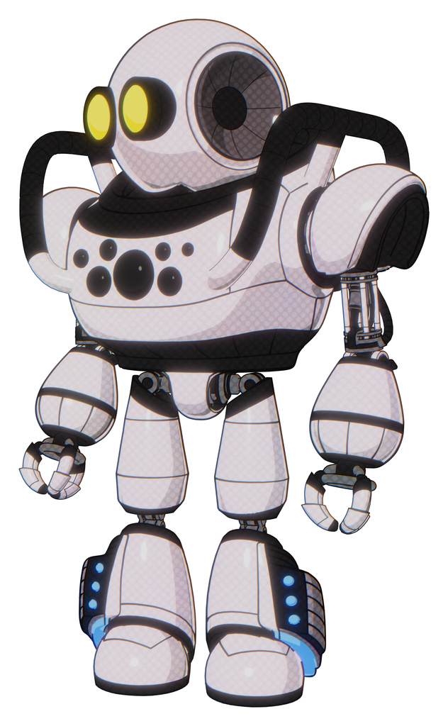 Droid containing round head and large yellow eyes and heavy upper chest and chest compound eyes and light leg exoshielding and megneto-hovers foot mod. White halftone toon.