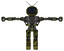 Robot containing digital display head and blank-faced expression and retro antennas and heavy upper chest and no chest plating and prototype exoplate legs. Grunge army green. T-pose.