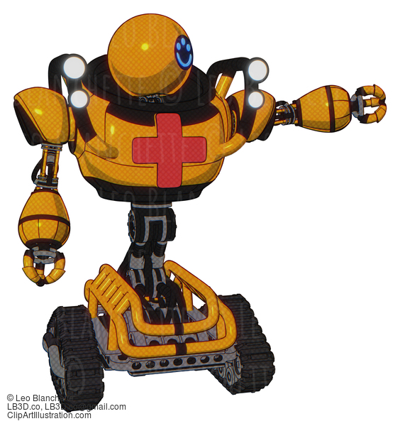 Android Containing Dual Retro Camera Head And Happy 3 Eyes Round Head And Heavy Upper Chest And First Aid Chest Symbol And Shoulder Headlights And Tank Tracks. Primary Yellow Halftone. #19543