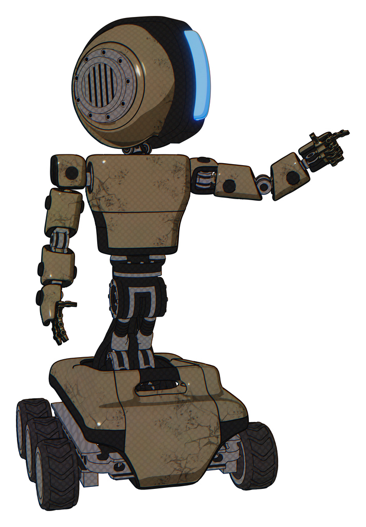 Bot containing round head and large vertical visor and light chest exoshielding and prototype exoplate chest and six-wheeler base. Desert tan painted. Pointing left or pushing a button..