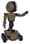 Bot containing round head and large vertical visor and light chest exoshielding and prototype exoplate chest and six-wheeler base. Desert tan painted. Pointing left or pushing a button..