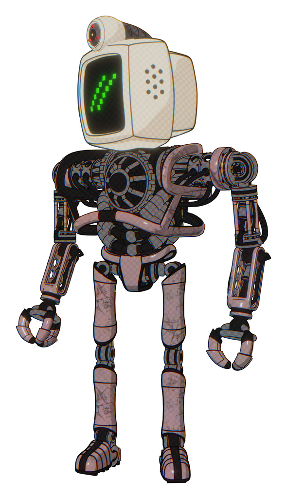 Cyborg containing old computer monitor and double backslash pixel design and retro-futuristic webcam and heavy upper chest and no chest plating and ultralight foot exosuit. Powder pink metal.