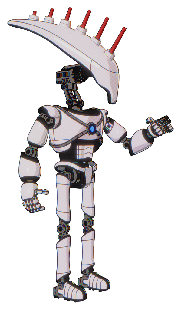 Droid containing flat elongated skull head and light chest exoshielding and blue energy core and ultralight foot exosuit. White halftone toon. Interacting.