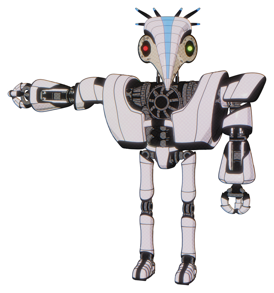 Cyborg containing bird skull head and yellow and green scope eyes and head shield design and heavy upper chest and heavy mech chest and ultralight foot exosuit. White halftone toon.