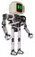 Mech containing old computer monitor and pixel line eyes and red buttons and heavy upper chest and no chest plating and ultralight foot exosuit. White halftone toon. Facing left view.